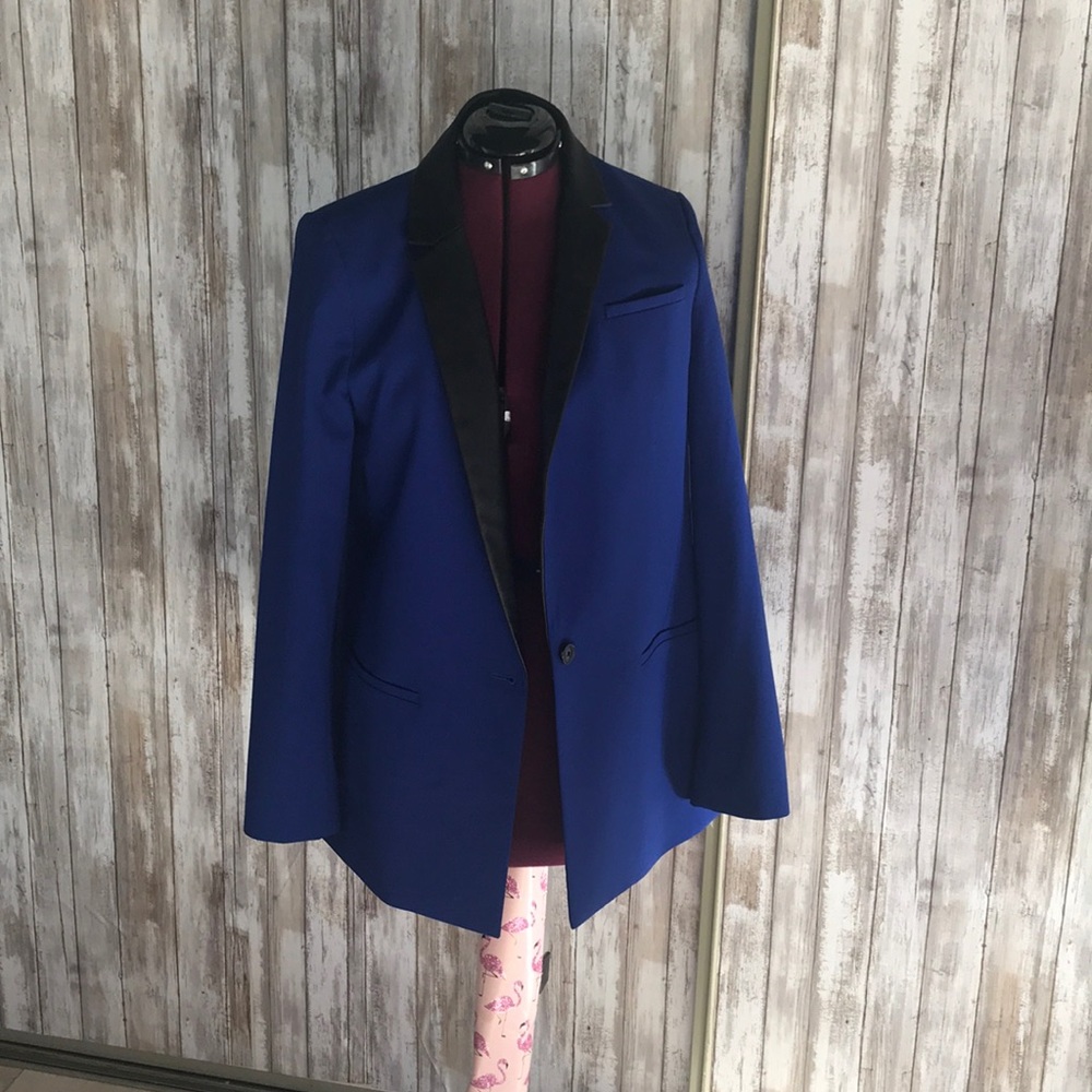 Royal blue blazer w black leather trim